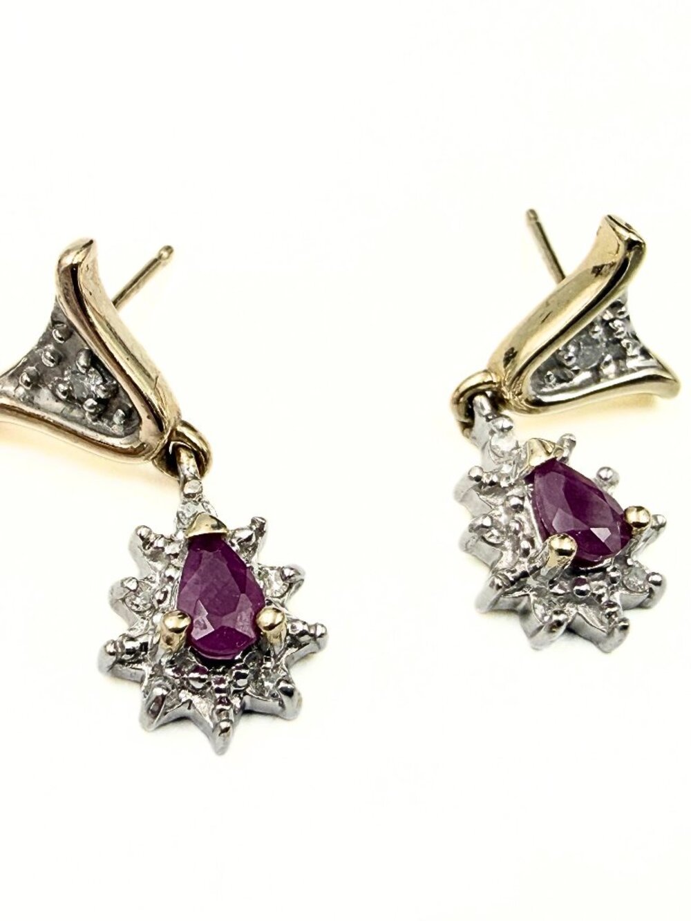 Whimsical Marked 10K Gold Sunbrust Halo Lab Ruby Dangle Post back Earrings